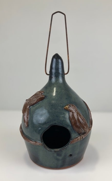 Mike Craven Southern Pottery Birdhouse: Mike Craven Southern pottery birdhouse, featuring a striking bluish-turquoise glaze and whimsical architectural form. Decorated with applied birds perched upon a branch, giving the piece wonderful