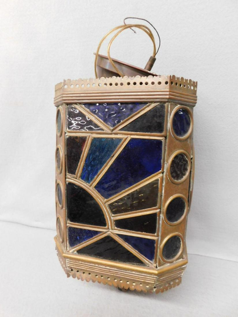 Victorian Fixture: Victorian Hanging Hall Fixture - Stained Glass w/Brass Frame w/Glass Ball Bottom Finial