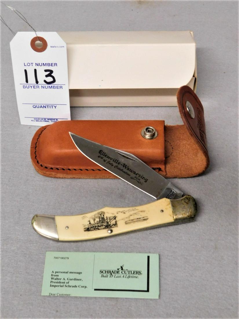 Schrade Knife: Schrade Single Blade Knife Marked Ellenville - Wawarsing 4th Celebration Scrimshaw Handle w/Orig. Leather Case, Cert.& Box
