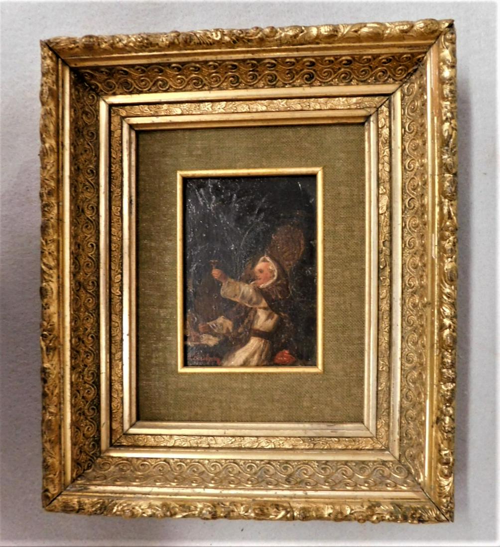 Small Oil on Wood Panel: 5 3/4x4 1/4in. O/Wood Panel signed l.l. Edouard Grutzner of "Monk Making A Toast"