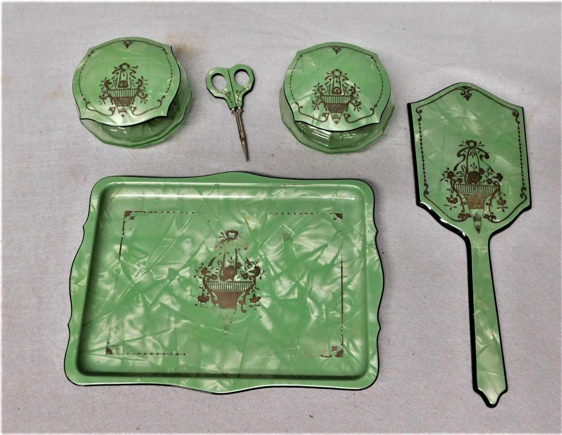 Celluloid Dresser Set: Vintage 5 Pc. Celluloid Dresser Set- Tray, Hair Receiver, Powder Jar, Mirror