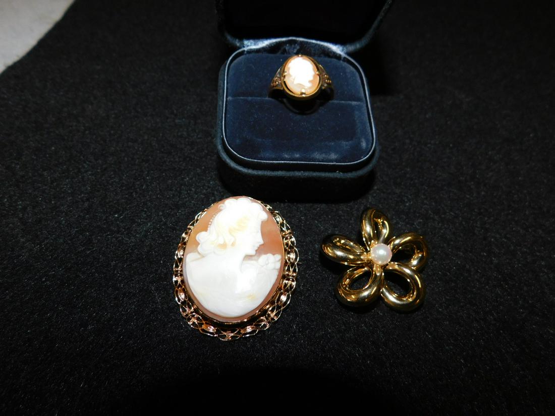 Lot of 3 Gold Jewelry Pcs.: 14k yg Cameo Pendant /Pin in Filigree Frame; 10k yg Cameo Ring; 14k yg Pin w/Pearl