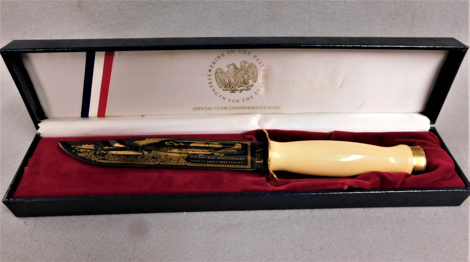 Official VJ Day Knife Commemoration: Official VJ Day Knife Commemorative Marked 1945-85 USA in Orig. Case in Mint Cond.