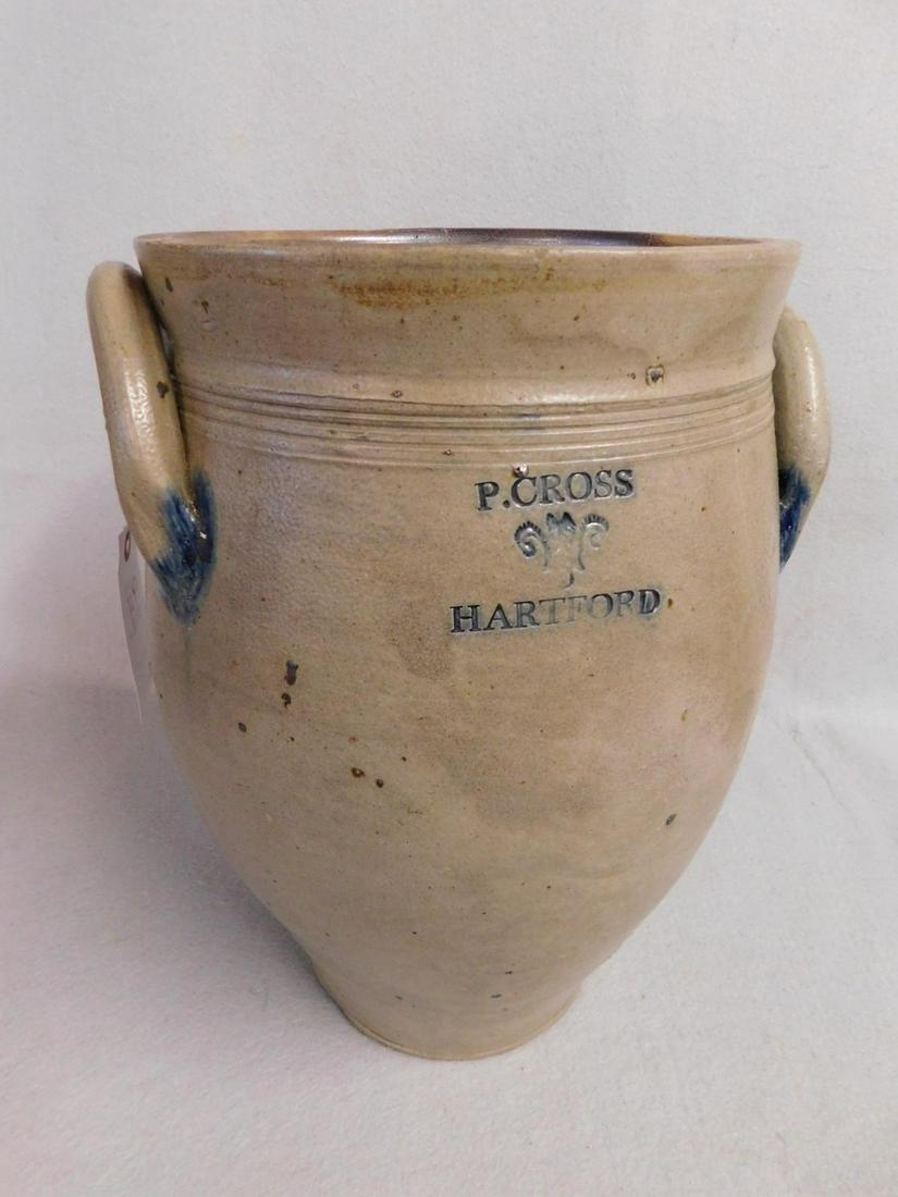 P.Cross Ovoid Jar: 14 1/2in. H. Ovoid Stoneware Jar c. Early 1800's Marked "P. Cross - Hartford" on Both Sides w/Ram's Head Mark (as is) PLEASE CALL US AT 845-283-1587 FOR HANDS ON CONDITION REPORT
