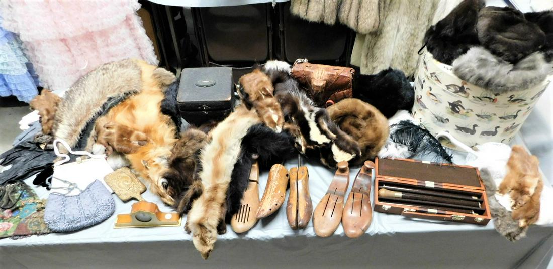 Lg. Lot Vintage Accessories: Large Vintage Lot of Fur Pcs., Beaded bags, Shoe Forms, Vict. Collar Box, Cane in Case, Hat Box & Several Fur Hats, Alligator Bag as is, Leather 7 SUede Gloves, Etc.