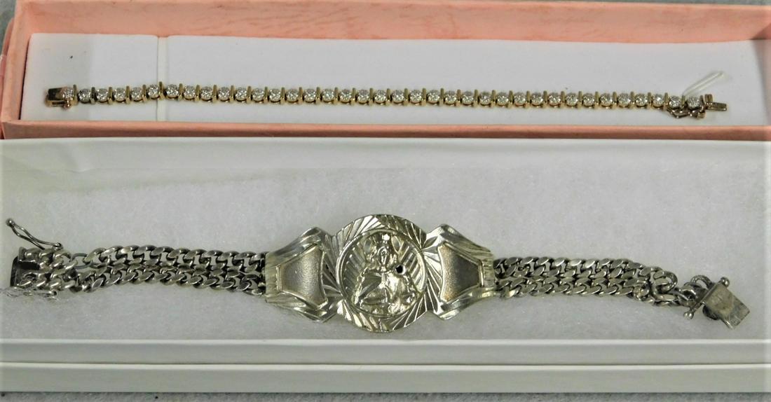 2 Sterling Bracelets: Lot of 2 Sterling Bracelets, One w/Repousse Medallion, the other a Tennis Bracelet Style w/Zirconias