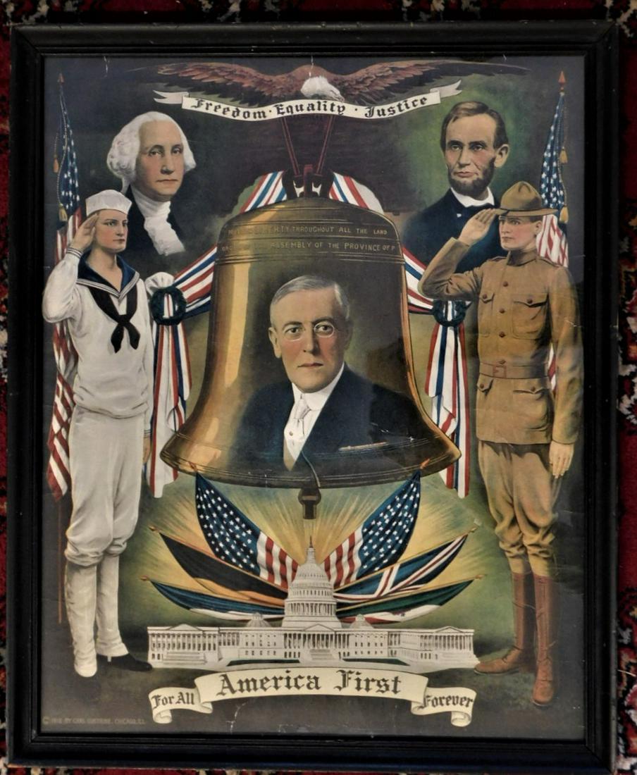 Military Print w/Pres. W. WIlson: 21 1/4 x17 1/2in. Military Print w/Washington, Lincoln, Sailor & Soldier w/President Woodrow Wilson