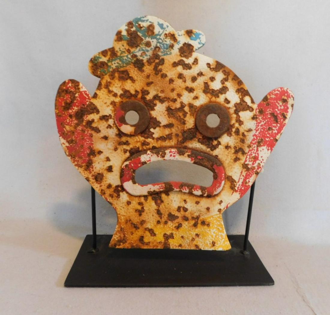 Early 20thC. Iron "Clown Face" Target: Early 20thC. Iron Clown Face Target w/Custom Std. in Gd. Cond. - 14in.Hx14in.W. w/Std 15in.H. Attrib. to Mangels
