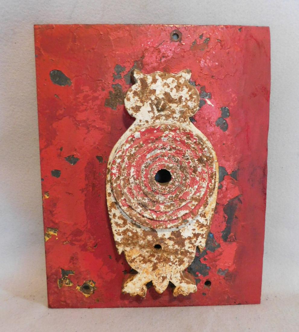 Early 20thC. Iron "Owl" Target: Early 20thC. Iron Owl Target Mtd. On Iron Plaque - Owl Sz. -10 1/2H.x 5in.W., w/Plaque -14in.H.x11in.W. in VG Cond. Attrib. to Evans or Hoffman