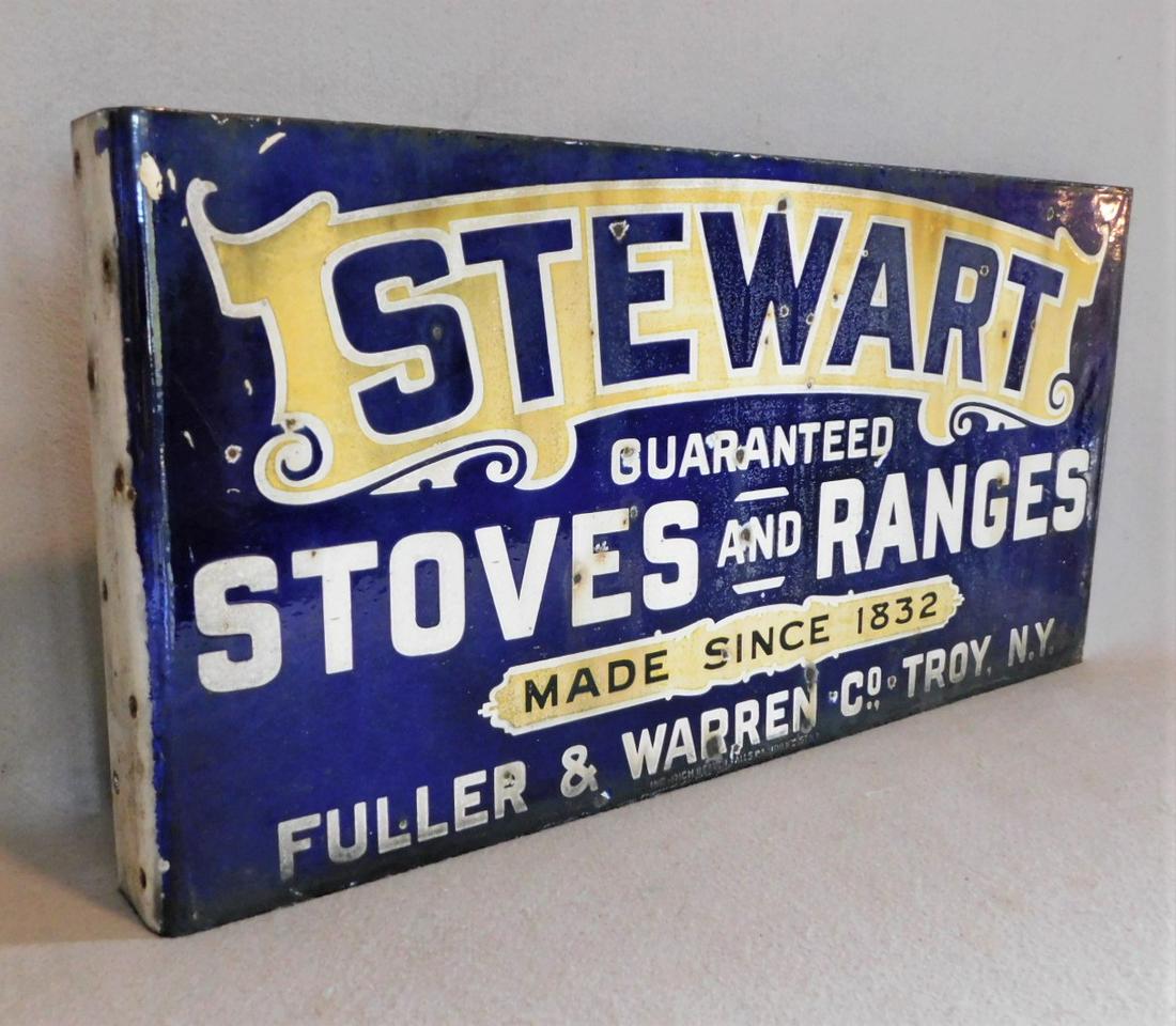 Porcelain "Stewart" Advertising Sign: Dbl. Sided Wall Side Mount Porcelain "Stewart" Advertising Sign "Stewart Stoves & Ranges, Fuller & Warren Co., Troy, NY in Gd. Cond., 21in.L x 12in.H.