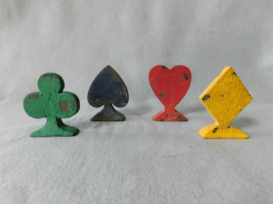Early 20thC. Sm. Iron "Card Suits" Set Targets: Early 20thC. Sm. Iron Knockdown Playing Card Suits Set - Club, Spade, Heart & Diamond in VG Cond. & Pt. - Attrib. to Evans - 3 1/2 in.H. x 2 2/4 -3in.W.