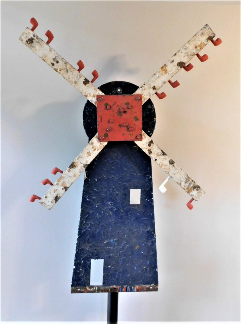 Early 20thC. Standing "Dutch Windmill" Target: Early 20thC. Standing Dutch Windmill Target w/Spinner Arms That Hold Clay Pipes w/Custom Std. in VG Cond. - 51in.H. x 18in.W. Arms Measure 42 1/2in., w/Std. 8ft.1in.