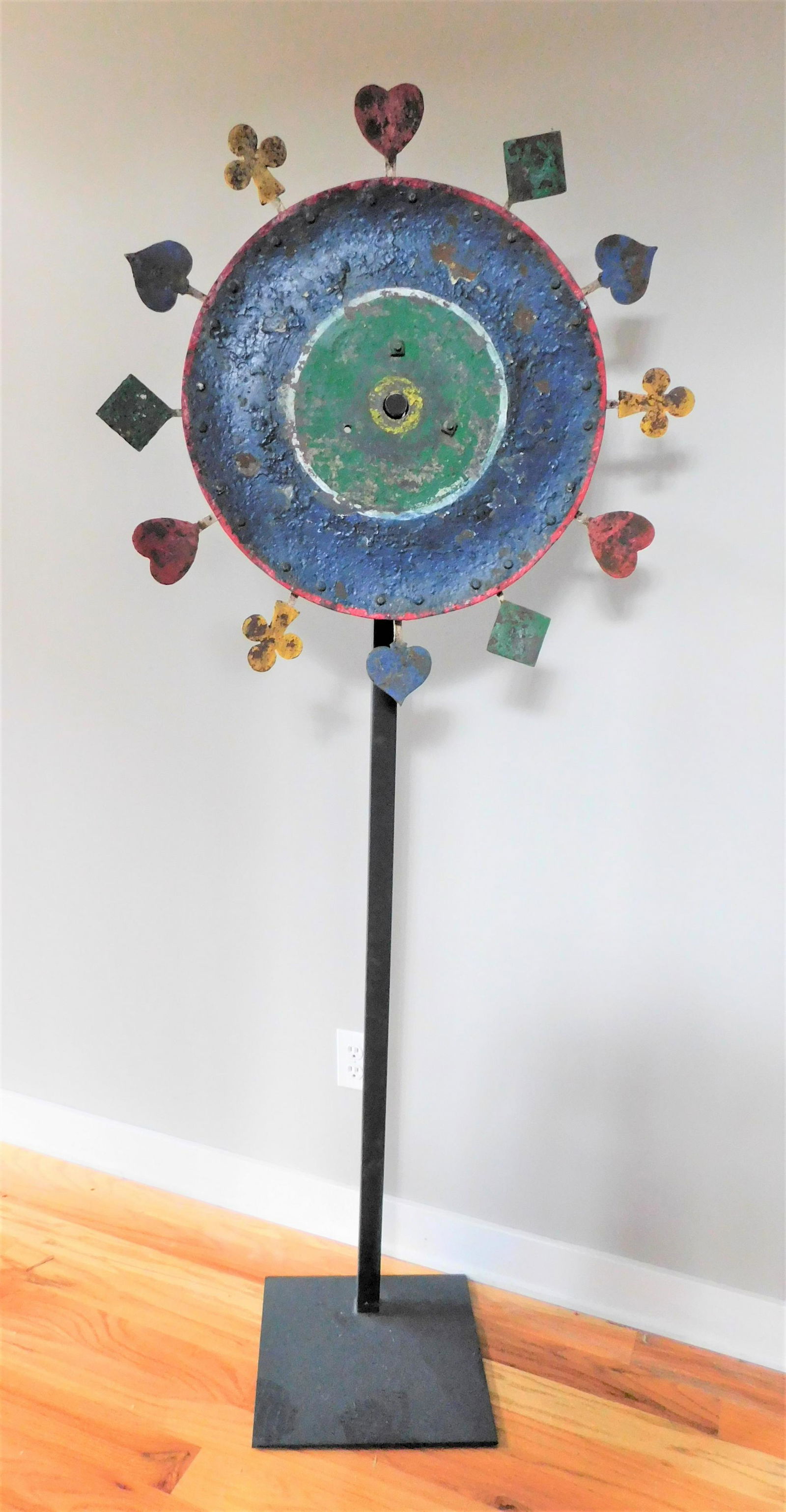 Early 20thC. Spinner Disc "Card Suits" Target: Early 20thC. Standing Spinner Disc Card Suits Target Attrib. to Mangels w/Custom Std. in VG Cond. - Suit-Suit 30in.W. - Disc 21in.D., 6 ft.H.w/Std.