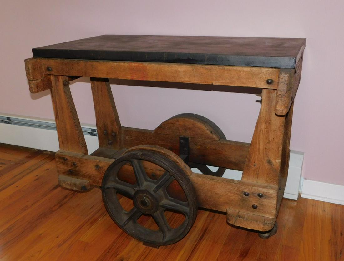 Vintage Iron Wheel Industrial Cart: Vintage Iron Wheel Industrial Cart in VG Cond. - 45in. L x 35in.H. x 24in D.