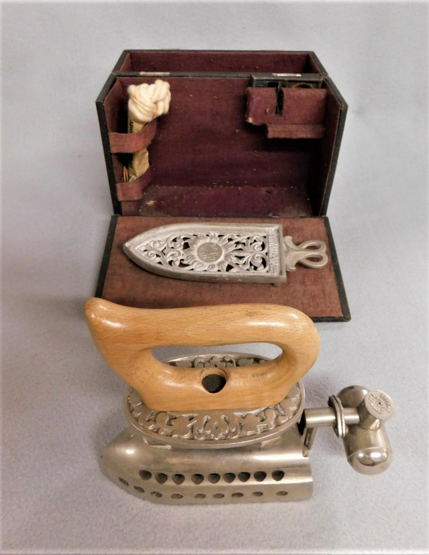 Curious Turn of the Century Alcohol Iron: Curious Turn of the Century Portable Alcohol Iron in Orig. Case Marked "Alcohol Utility Co." w/Accessories incl. Ornate Trivet, Very Unique in "Brand New" Old Cond.