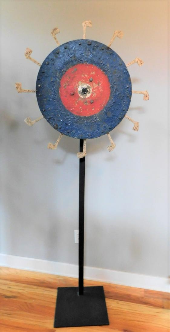 Early 20th C.Standing Iron "Spinner Disc w/Iron Pipes": Early 20th C. Standing Iron Spinner Disc w/Iron Knockdown Pipes in VG Cond. w/Custom Std. Attributed to Mangels - 21in.D. Disc, 31in. Pipe to Pipe w/Std. 6 ft.H.