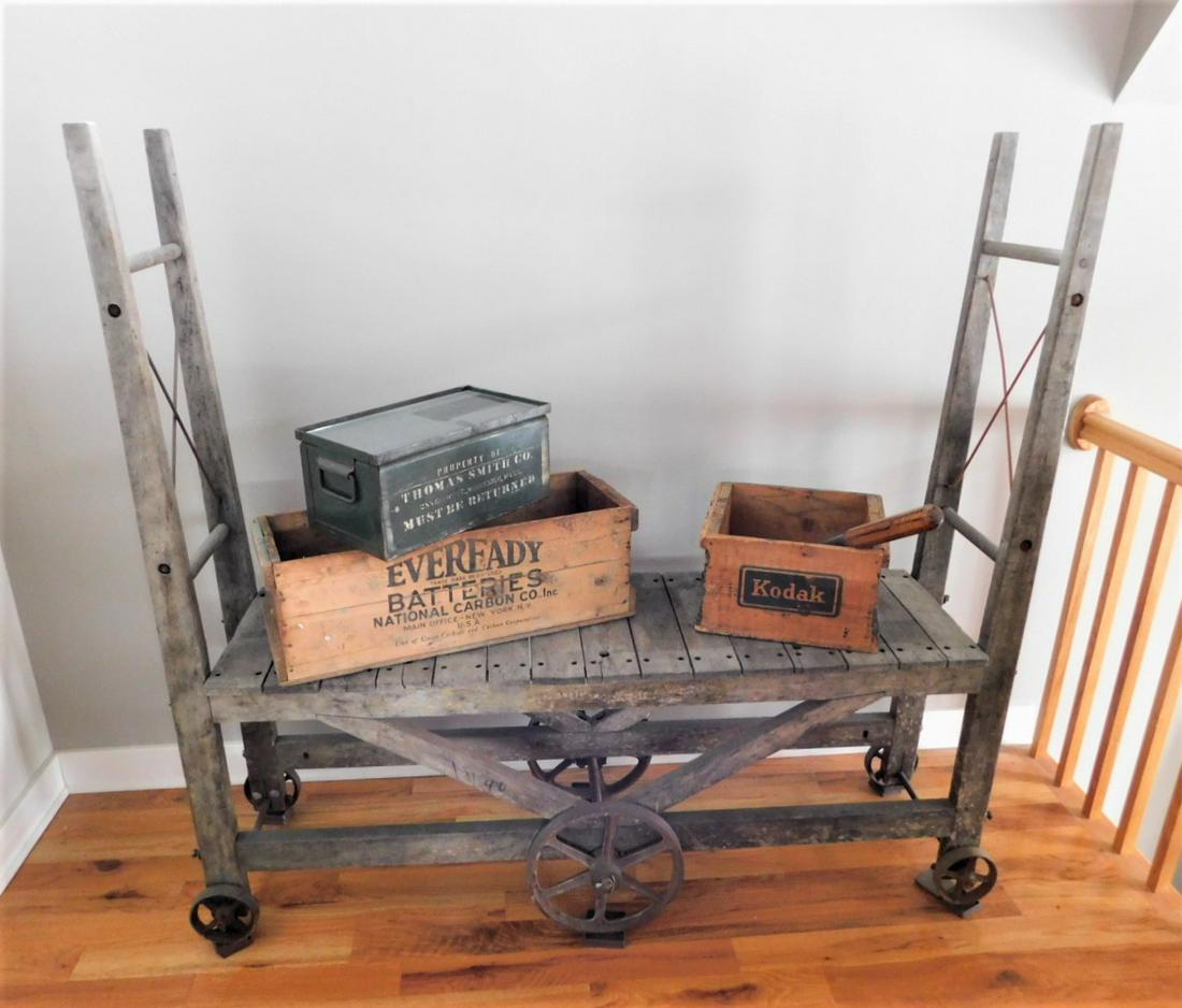 Early Industrial RR Cart: Unique Industrial RR Cart in VG Cond. - Great Display for Antiques - 61in.L. x 5ft.H. x 17in.W.