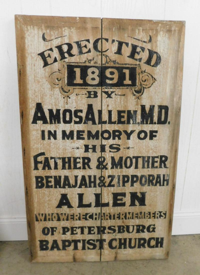Early Wooden Church Sign: Lg. Early Wooden Church Sign By Amos Allen, MD In Memory of His Mother & Father in VG Cond. - 38in.H. x 23 1/2in.W.