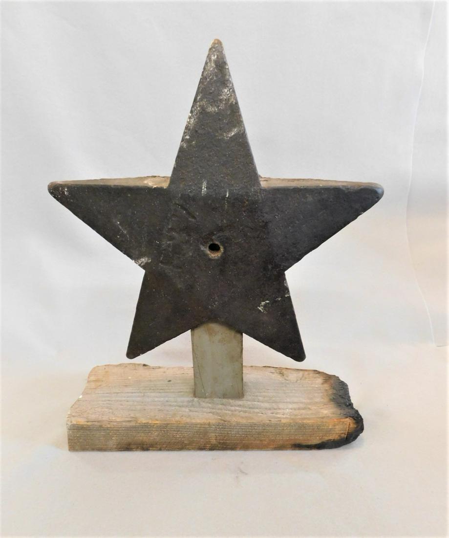 20thC. Cast Iron Star Windmill Weight on Wood Base: 20thC. Cast Iron Star Windmill Weight on Wood Base in VG Cond. - 15in. W. Point to Point