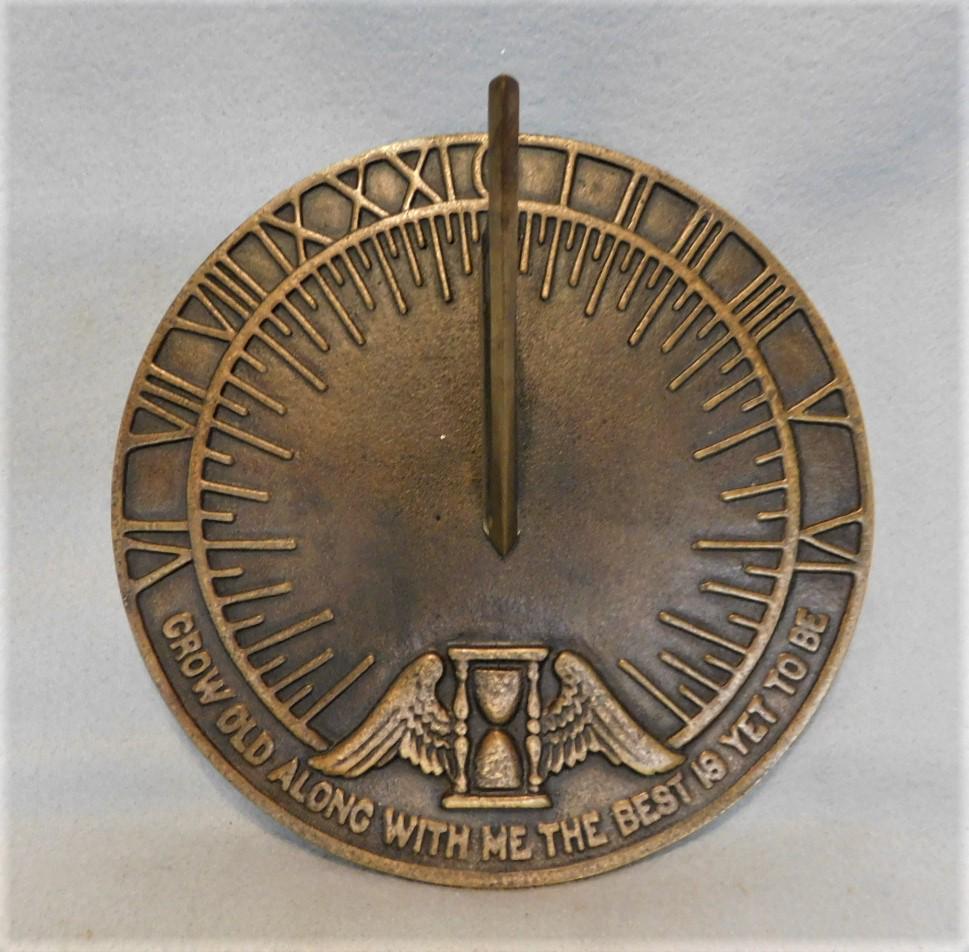 Iron "Griswold" Sundial: Iron "Griswold" Sundial -"Grow Old With Me - The Best Is Yet To Be" in VG Cond. - 10in.D.