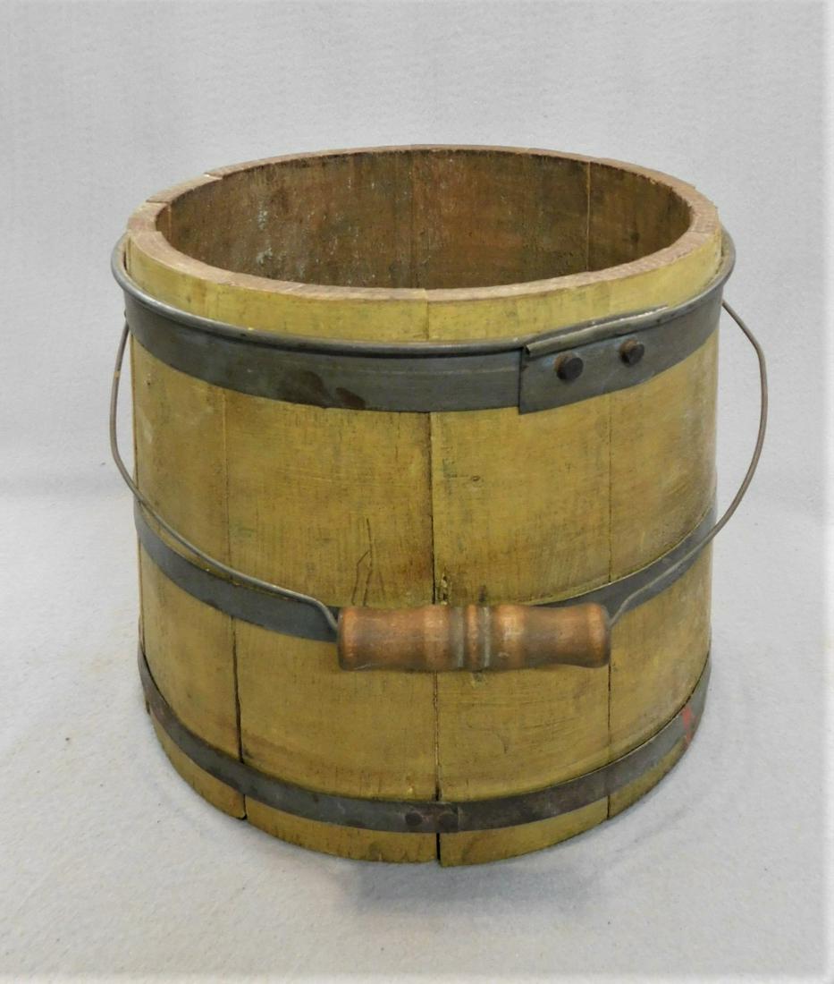 Early Wooden Firkin: Early Wooden Banded Firkin in Mustard Pt. in VG Cond. - 9in..H.x 10 1/2in.D.Base
