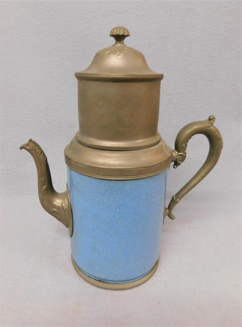 Pewter Graniteware Coffee Pot: Pewter Graniteware Coffee Pot w/Drip Strainer in Blue/Wht. Speckled Pattern in VG Cond. - 11 1/2in.H.