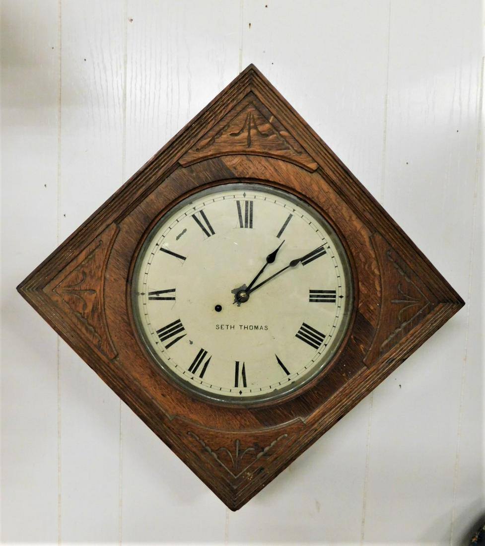 Seth Thomas Wall Clock: Carved Oak Case 8 Day Seth Thomas Wall Clock in Diamond Shape - 24in.Sq. - All Clocks Sold As Found