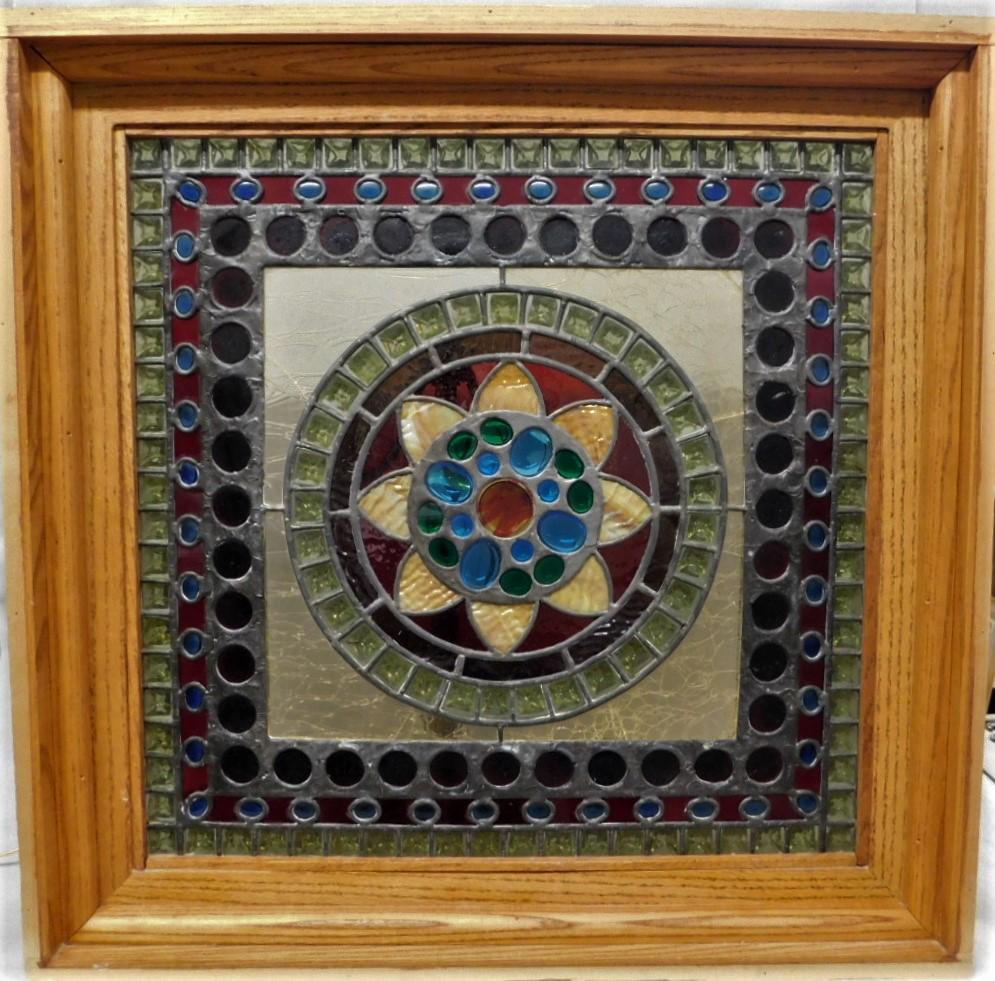 Lg. Jeweled Stained Glass Window: The Best" Lg. Framed Stained/Leaded Glass, Heavily Jeweled Window in VG Cond. - 26 1/2in.Sq.