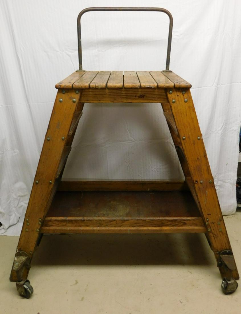 Vintage Library Dbl. Ladder On Wheels