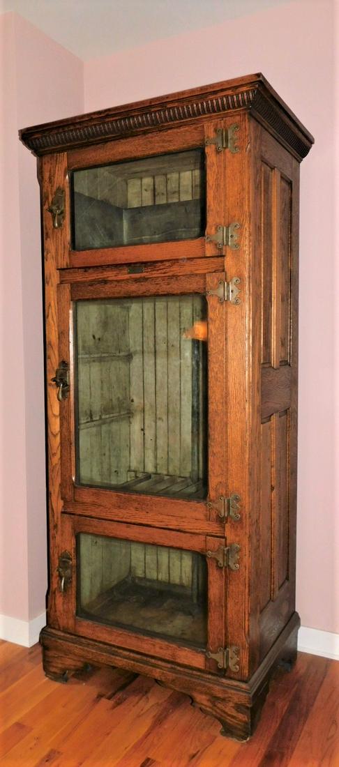 Wonderful Commercial Oak Ice Box: Wonderful Commercial Oak Ice Box w/Glass Doors by Peter A. Vogt, Buffalo,NY (Would Make a Great Wine Cellar) in VG Cond. - 7 ft.H.x36in.W.