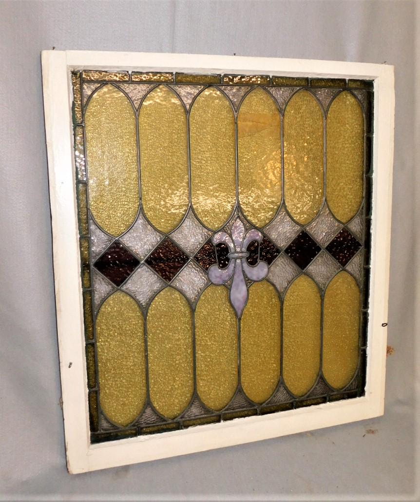 Leaded Stained Glass Window: Leaded Stained Glass Window w/Fleur-Di- Lis Pattern in Gd. Cond. (Has Crack in Upper Middle) 32in..H.x36in.L