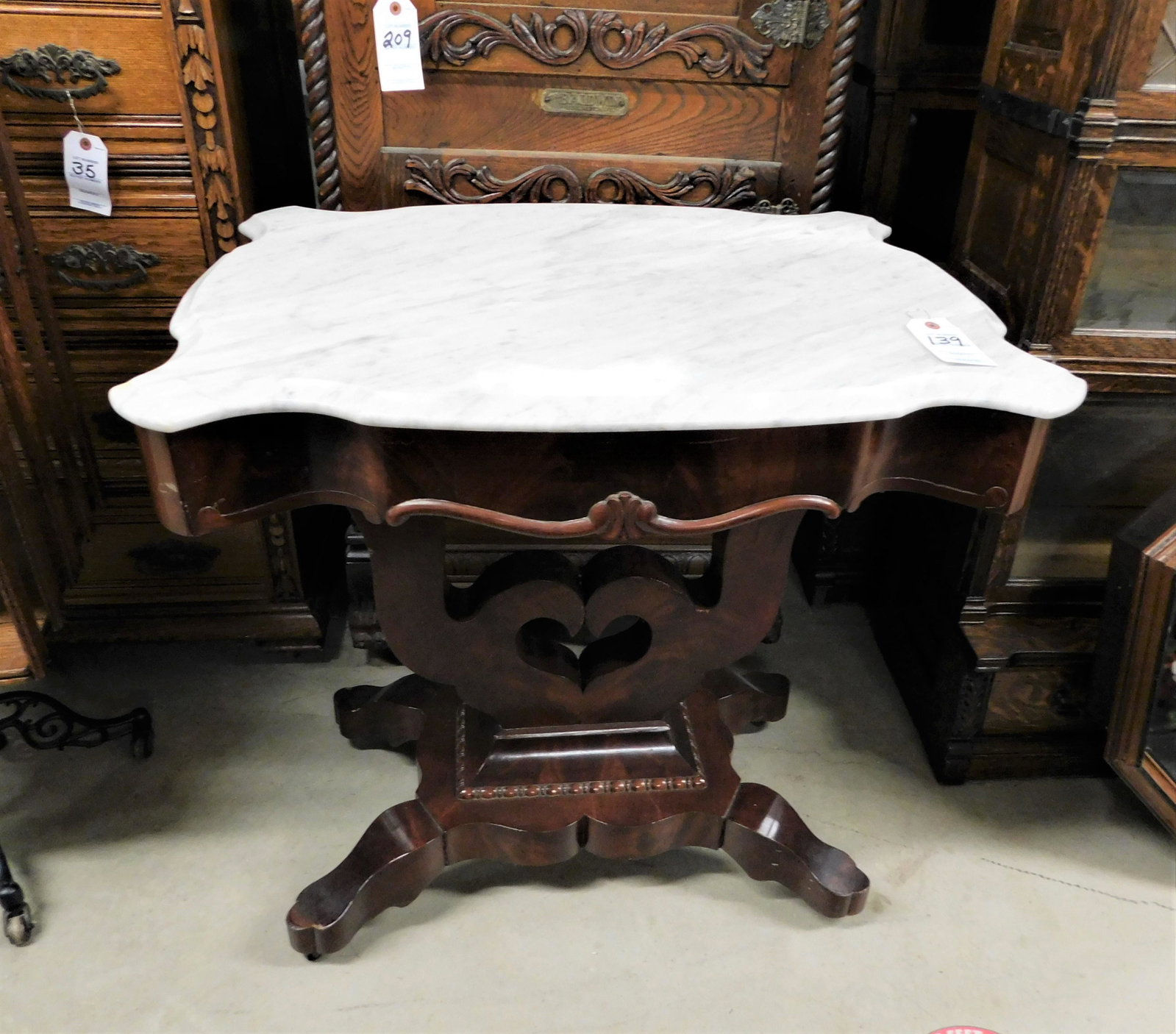 Mahogany Marble Top Table: Mahogany Turtle Top Shape Marble Top Parlor Table in VG Cond.