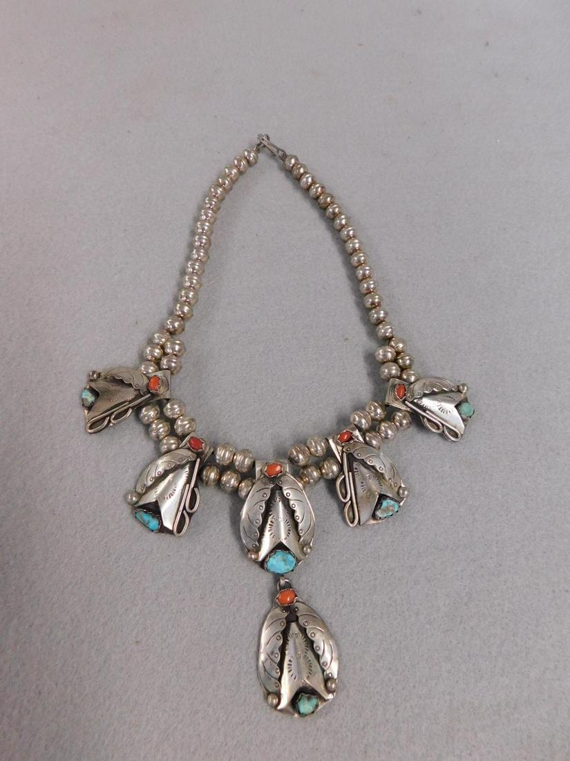 Sterling Native American Necklace: Sterling Native American Necklace in Turquoise & Jasper w/6 Pendant Ball Beaded Necklace - 17in. Length