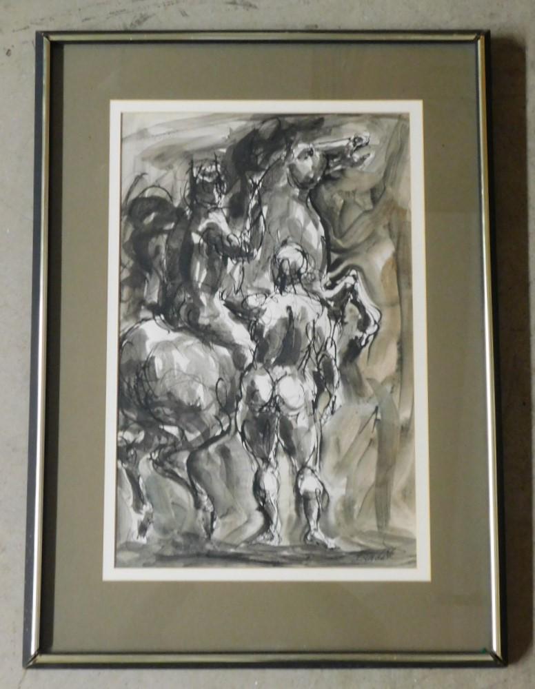 Charles Burdick Black/White Watercolor: Black/White Watercolor Painting by Charles Burdick from Rhode Island - 2 Nude Men & A Horse - 19 3/4H.x 13in.W.(WC w/o Frame) with Frame 26 3/4in.H.x 19i1/2 in.W.in VG Cond.