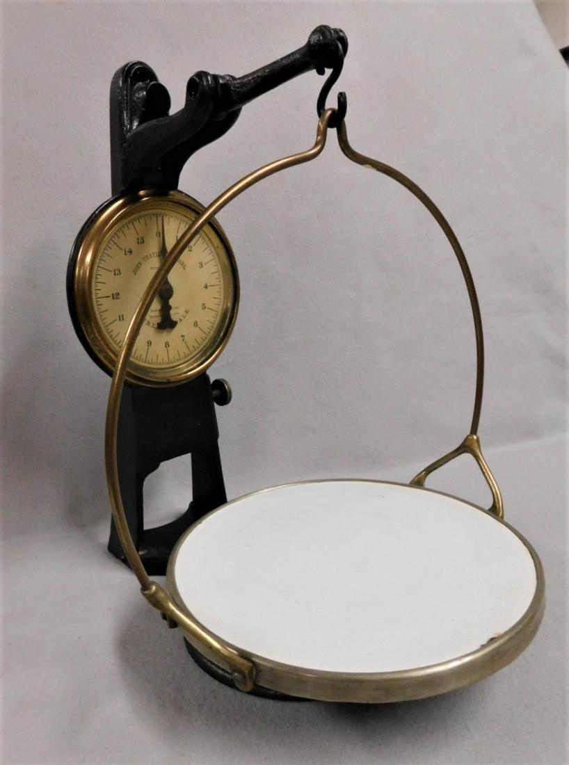 Iron & Brass Country Store Scale by Eureka: Iron & Brass Eureka Country Store Scale by J. Chatillon & Sons, NY w/Brass & Porcelain Tray - Pat. 1869 reissued 1872 in VG Cond. 17 1/2in.H.x12in.Lx13in.W.