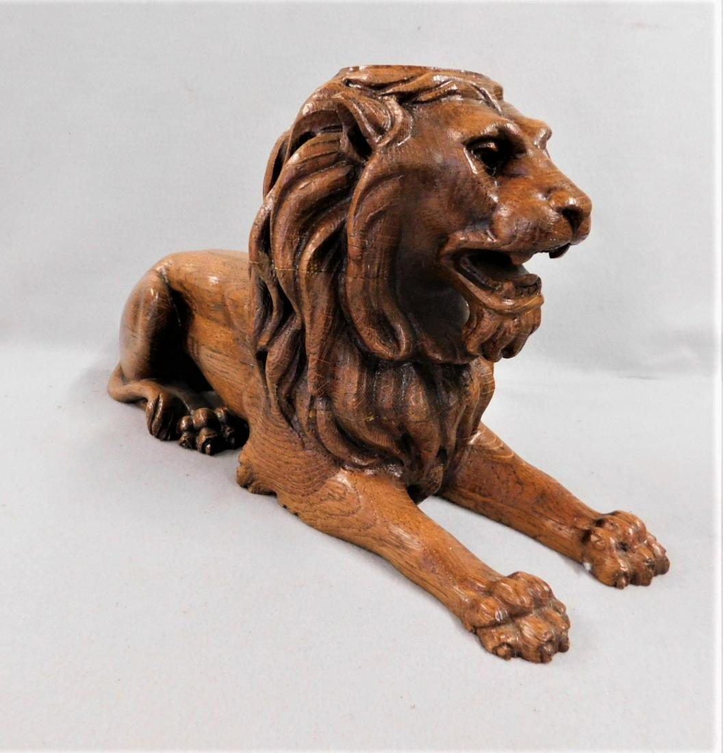 Carved Oak Full Body Reclining Lion: Carved Solid Oak Full Body Reclining Lion - 20in.L.x 6in.W.x 10 1/2in.H.