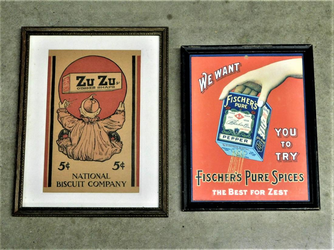 Lot of 2 Vintage Paper Advertisements: Lot of 2 Vintage Paper Advertisements Under Glass in Frames incl. "National Biscuit Co." with Frames (9 3/4in.H.x 7 3/4in.) & Fischer's Pure Spices" (11 1/4in.H.x 8 3/4in.W.) in VG Cond. -