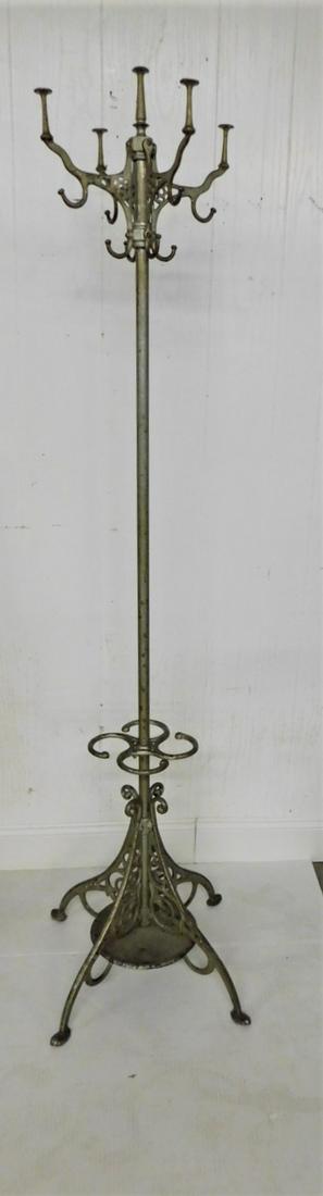 Ornate Iron Revolving Coat/Hat Rack: Ornate Iron Revolving Coat/Hat Rack w/ Drip Plate in VG Cond.