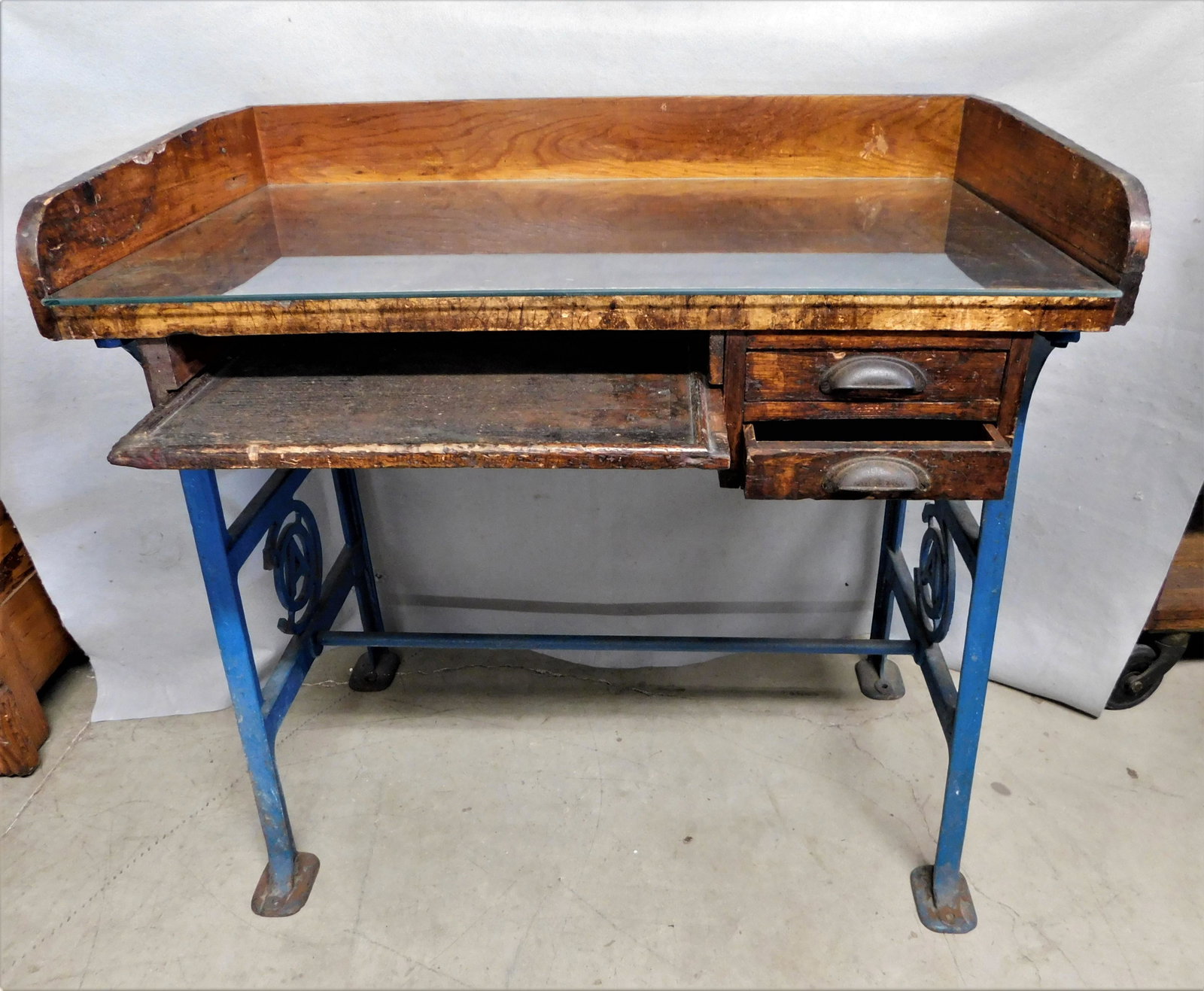 Industrial Iron & Wood Desk: Industrial Wood & iron Base Desk w/ Initials COA on Side of Base of Desk w/ 2 Drawers & a Pullout Tray in Gd. Cond. - 38 1/2in.Wx36in.H.x 22in.D.