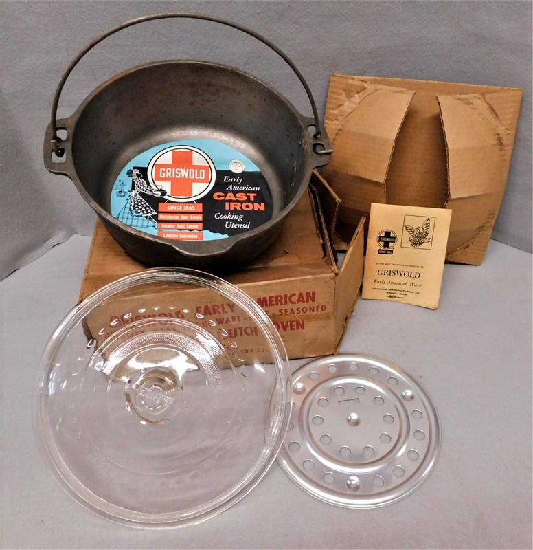 Brand New Old "Griswold" Dutch Oven: Brand New Old "Griswold" Dutch Oven with Glass Lid, Orig. Paperwork & Box with a Two (2) Pint Sauce Pan.