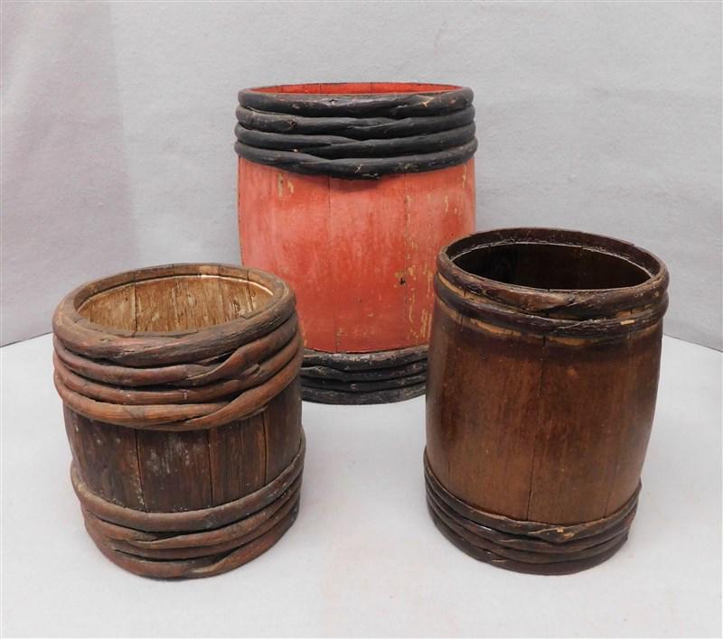 Lot of Three (3) Gun Powder Wooden Kegs: Lot of Three (3) Gun Powder Wooden Kegs, 7" H x 6 1/2" D; the medium is 8 1/2" H x 6" D; the large is 12 1/2" H x 9 1/2" D