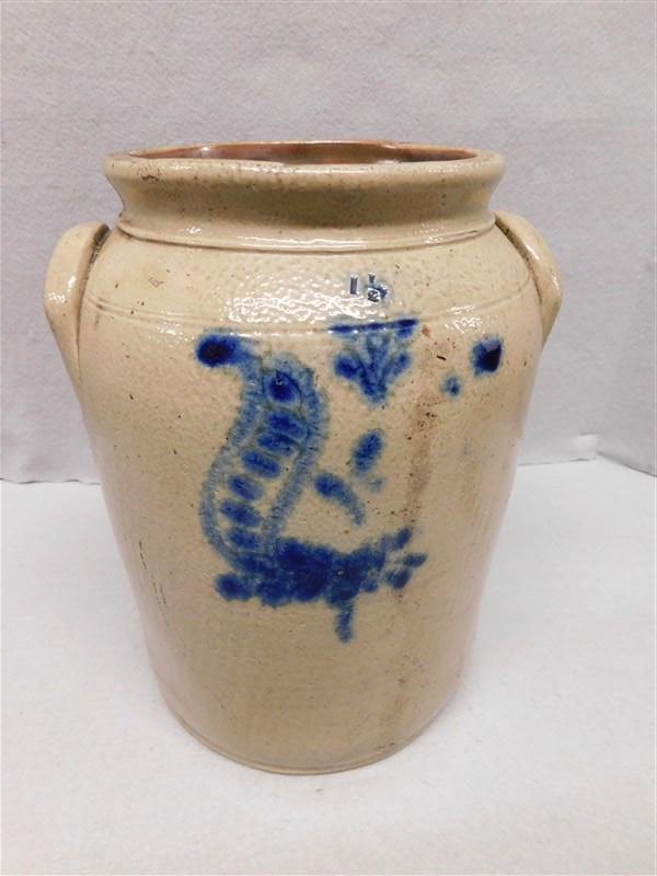 1 1/2 Gallon Blue Decorated Stoneware Jar: 1 1/2 Gallon Blue Decorated Stoneware Jar with Whimsical Squirrel Decoration, 11in.H. - Please Call For Hands On Condition for all Stoneware