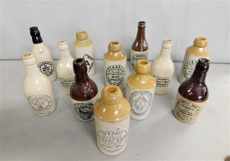 Lot of 12 "Ginger Beer "Stoneware Bottles: Smith & Clay, PJ Oray's, Lee & Green,Dr.Swett's, Ledger's, JW Tryon, Vimo, Rycroft-Artic