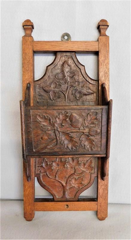 Carved Oak Wall Letter Holder: Carved Oak Wall Letter Holder with Maple Oak Leaf Acorn Motif, 19"H x 8"W x 4"D