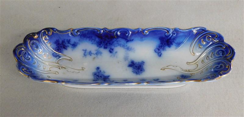 Flow Blue "La Belle" Celery Dish: Flow Blue "La Belle" Celery Dish By Wheeling Pottery C.1900 - 13 1/2in.l
