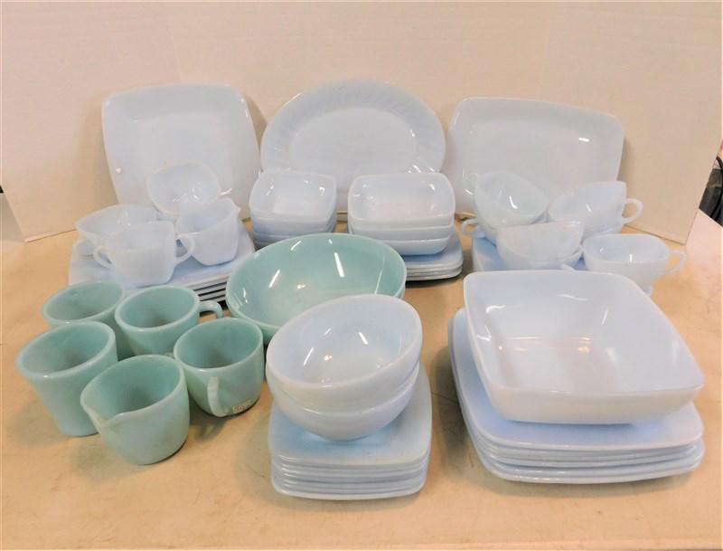 Lot of 65 Pcs. of Blue Turquoise Jadeite: Lot of 65 pcs. of Blue Turquoise Jadeite, 22 Pcs. areMarked "Fire King" - In VG Cond.