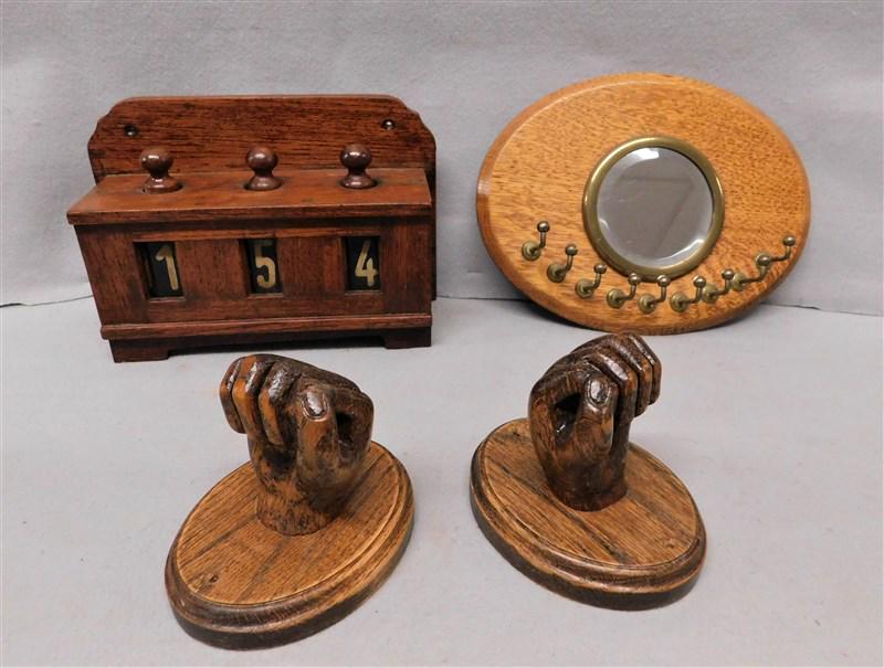 Lot of Four(4) pcs. of Curious Oak: Lot of Four(4) Pcs. of Curious Oak incl. 2 Hand Fists, Small Tie Holder Mirror & a Song/Psalm Church Pc.