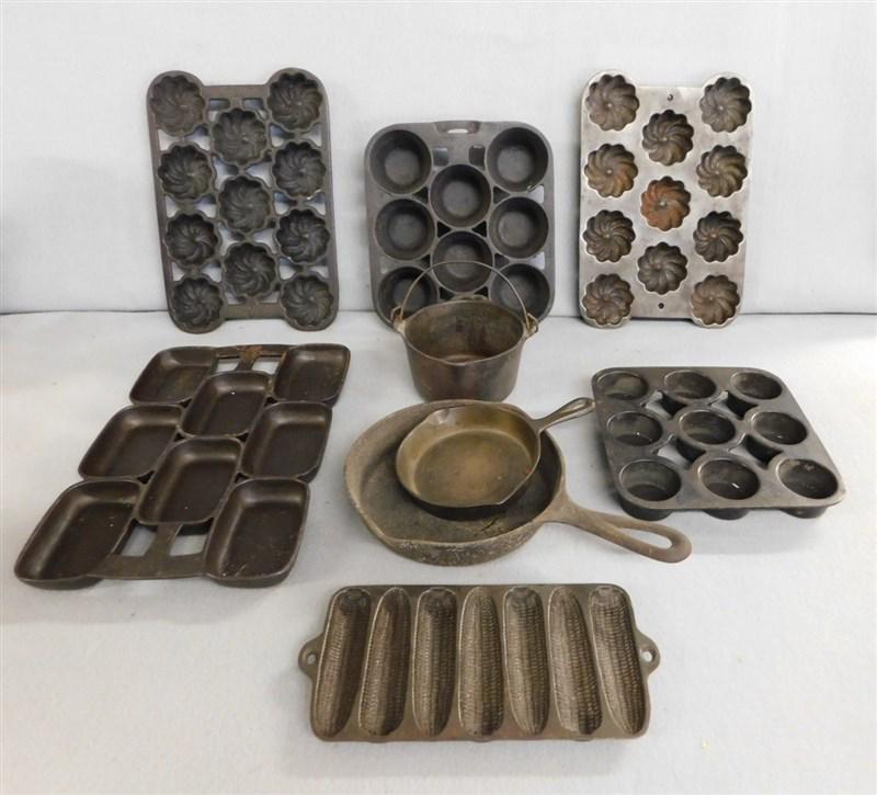 Lot of 9 Pcs. of "Wagner" Cast Iron Bakeware: Lot of 9 Pcs. of "Wagner" (8 pcs. marked, 1 Attrib. to) Cast Iron Bakeware in VG Cond.