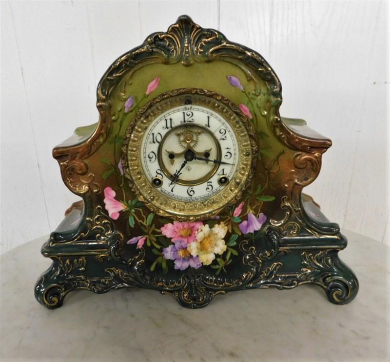 Royal Bonn Shelf Clock: Exceptional Green & Floral China Case Royal Bonn Shelf Clock w/Ansonia Works, Open Escapement Face, TIme & Strike (Missing Back Rd. Metal Cover)