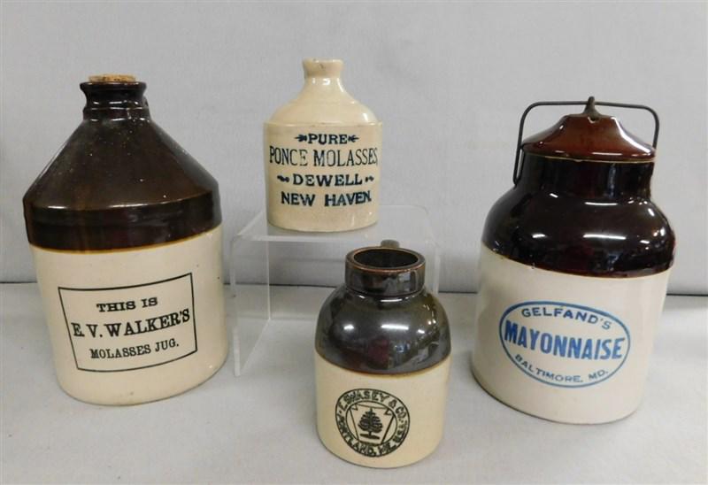 Lot of 4 Stoneware Advertising Jugs: Lot of 4 Stoneware Vendor's Advertising Jugs Incl. Mayonnaise, Molasses from New Haven, Portland & Baltimore in VG Cond.